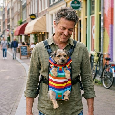 Sacs de transport Chien Porto Maître se baladant avec son chien dans le sac multicouleur en ville