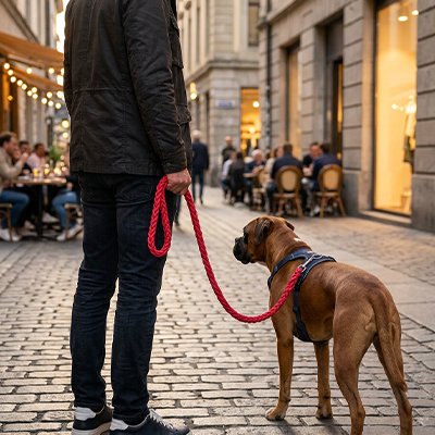 Une laisse de Chien Tressa Maître avec son boxer en balade en ville avec la laisse rose