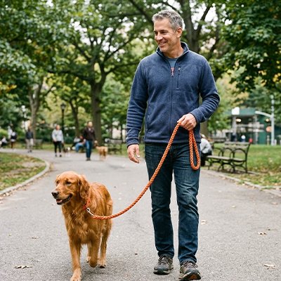 Une laisse de Chien Tressa Maître marchant au parc avec son golden retriever laisse orange