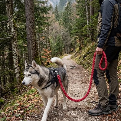 Une laisse de Chien Tressa Maître sur un sentier en forêt avec son Husky tenant la laisse rose