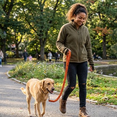 Une laisse de Chien Tressa Maîtresse promenant son labrador avec la laisse orange