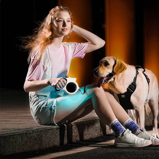 Une laisse de chien Eka fille assise avec labrador blond